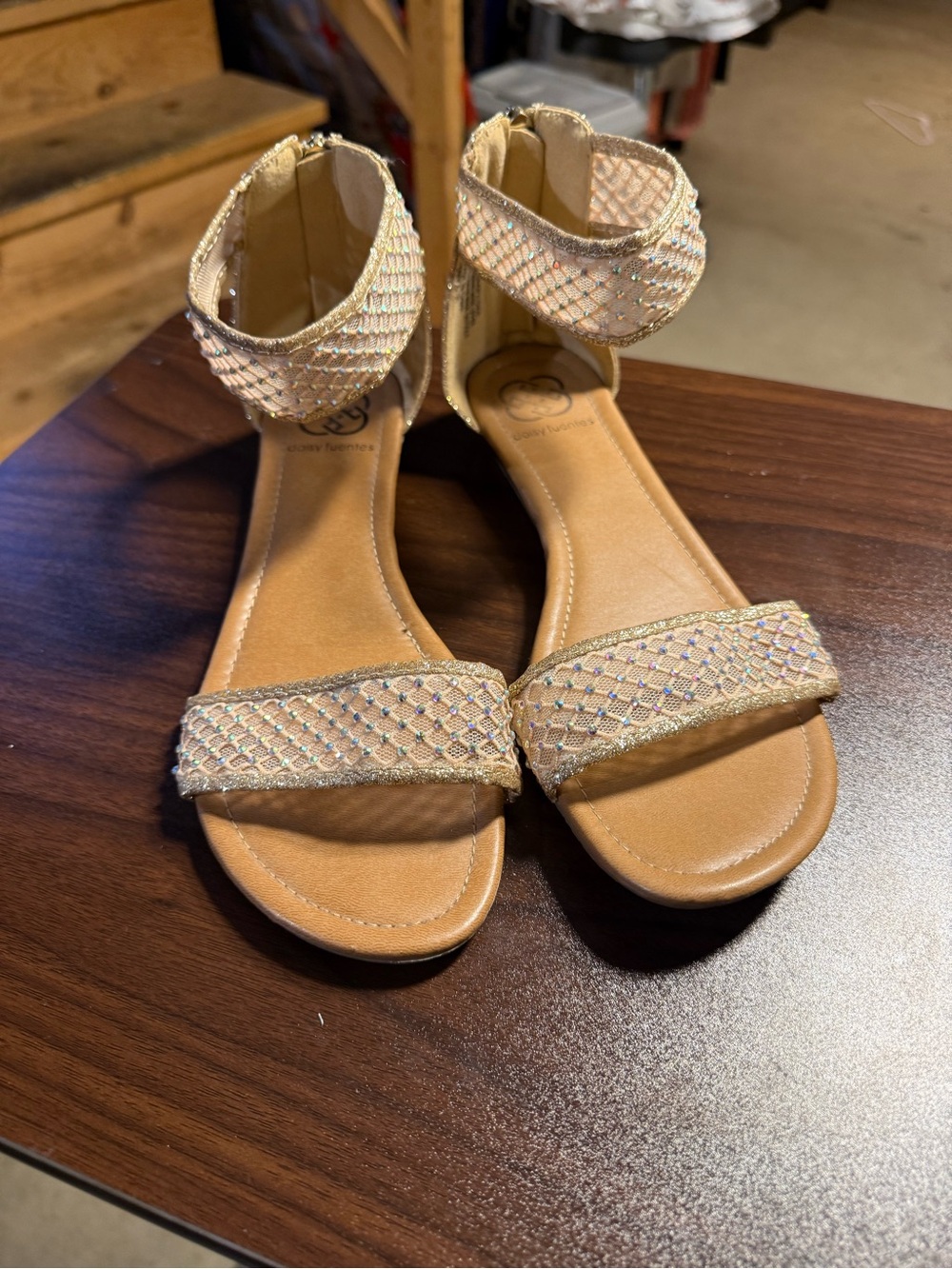 Daisy Fuentes Tan and Gold bedazzle Ankle-Strap Sandals